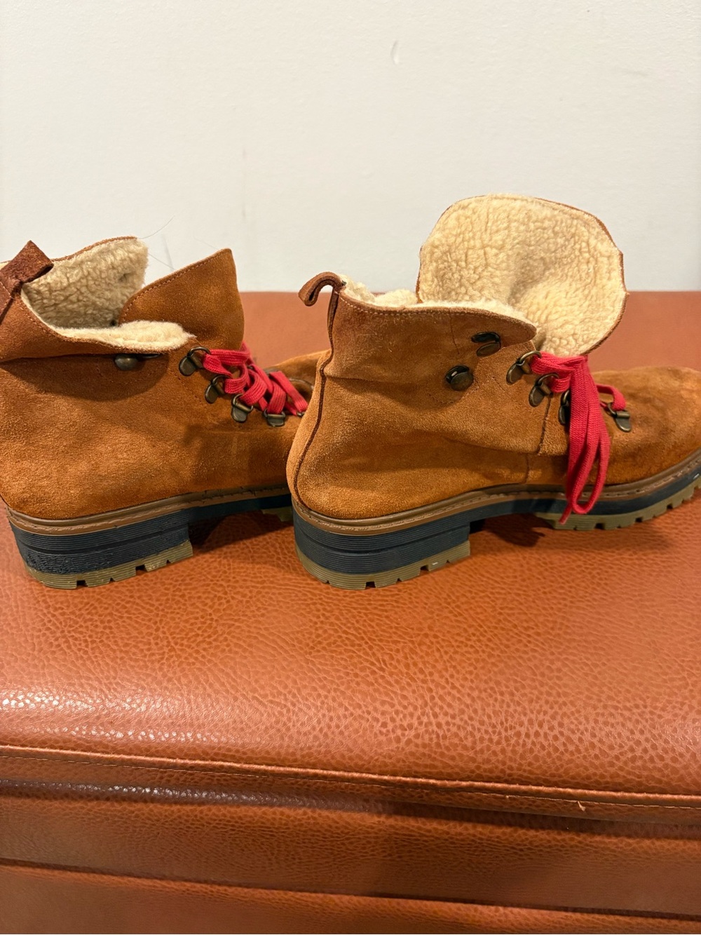 Suede Shearling-Lined Ankle Boots in Chestnut Brown with Red Laces - Picture 3 of 6